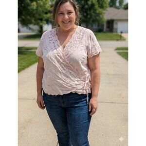 Lane Bryant Pink Linen Blend Wrap Top 18/20 Short Sleeve Embroidered Eyelet Trim